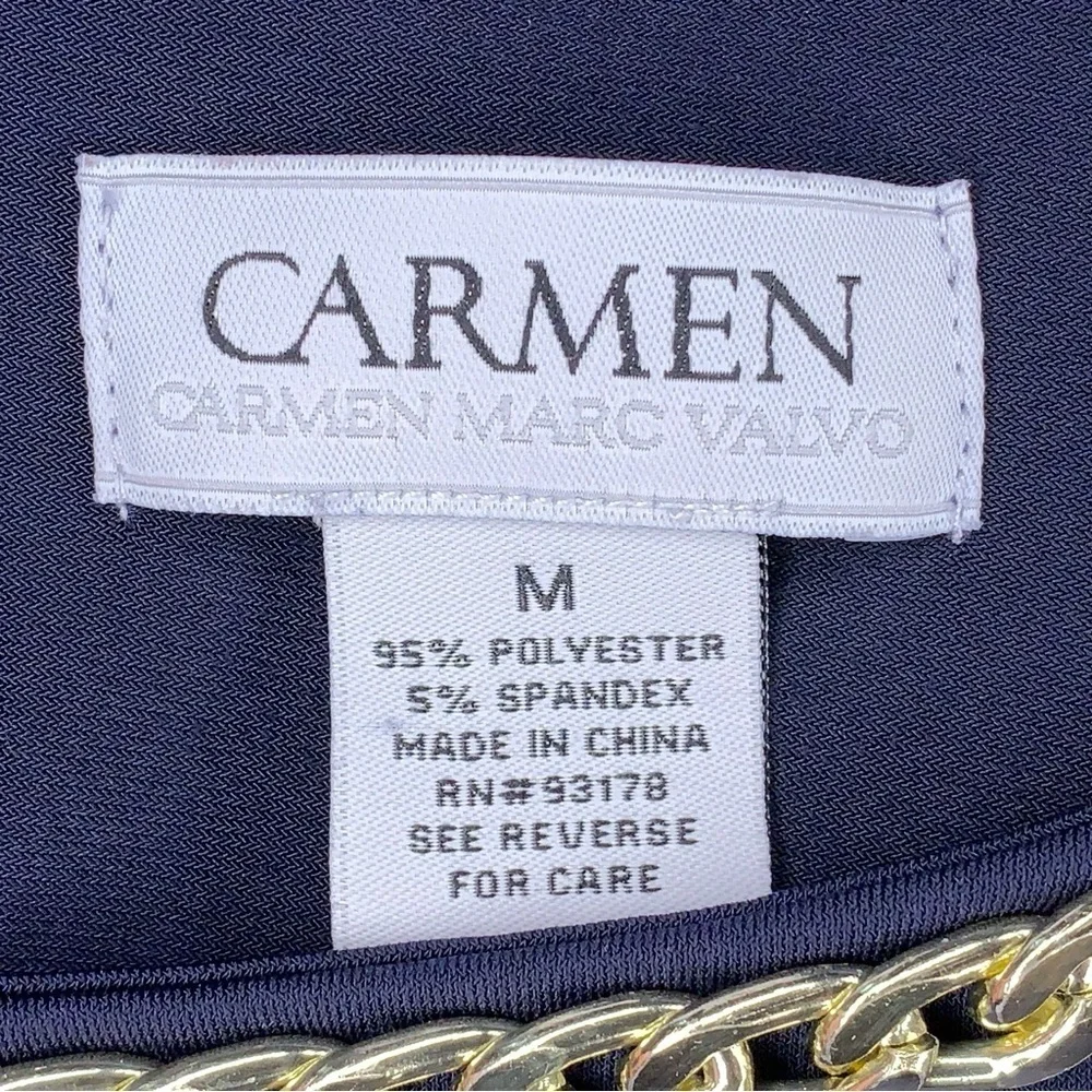 Medium Carmen Marc Valvo Navy Blue Gold Chain Neckline Sleeveless Top - Picture 12 of 13